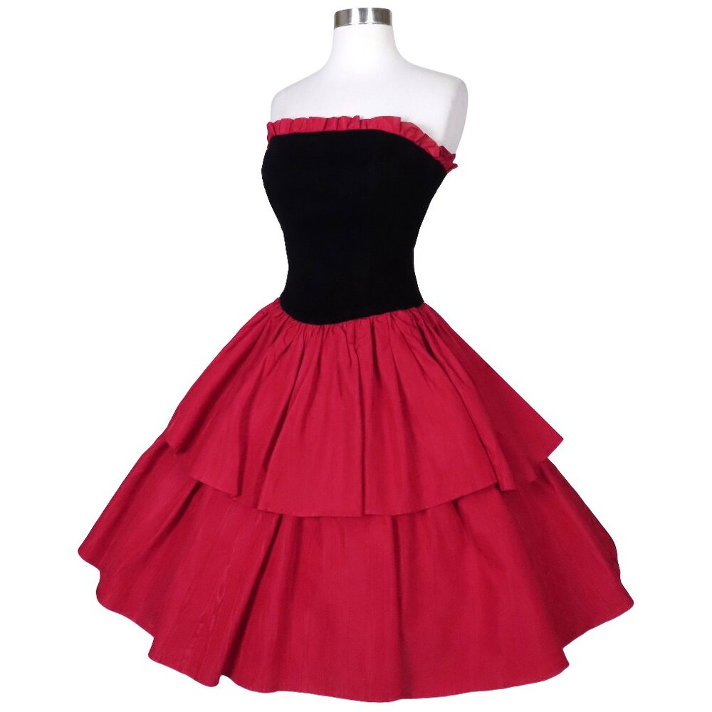 Vintage 80s Black Red Taffeta Strapless Tiered Full Skirt Prom Party Dress S